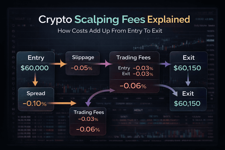 Diagram showing the process from entry to exit in crypto scalping with arrows for spread, slippage, trading fees and funding costs.