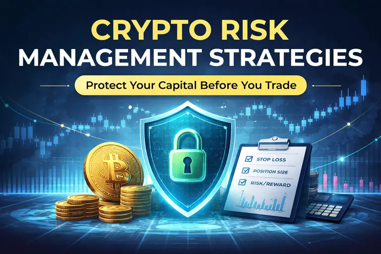 Crypto risk management visual showing account protection, position sizing, stop losses, and discipline working together.